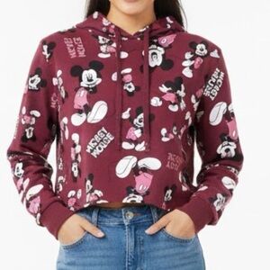 Disney Mickey Mouse Women’s Hoodie Cropped Burgundy Medium M Cotton Blend Casual